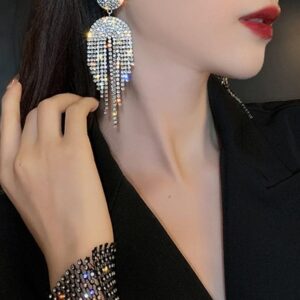 Geometric Long Drop Earrings with Stone Inlay and Tassel Design