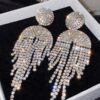 Geometric Long Drop Earrings with Stone Inlay and Tassel Design