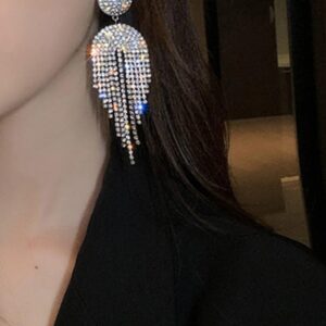 Geometric Long Drop Earrings with Stone Inlay and Tassel Design