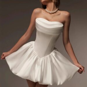 Strapless Satin Mini Wedding Dress with Ruched Corset Bodice