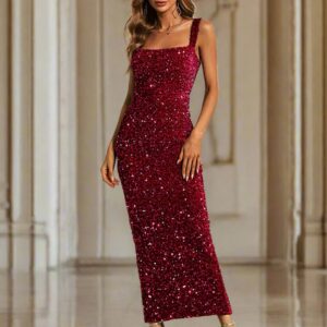 Square Neck Sequin Cocktail Dress with Slim Midi Silhouette