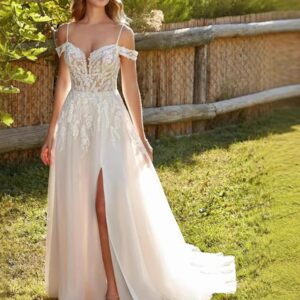 Lace A-Line Wedding Dress with Off-Shoulder Straps and Side Slit