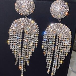 Geometric Long Drop Earrings with Stone Inlay and Tassel Design
