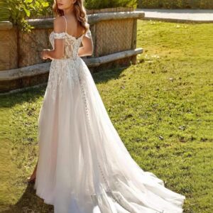 Lace A-Line Wedding Dress with Off-Shoulder Straps and Side Slit