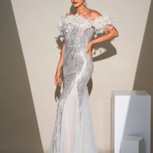 Off-Shoulder Mermaid Dress with Sequin Appliqué